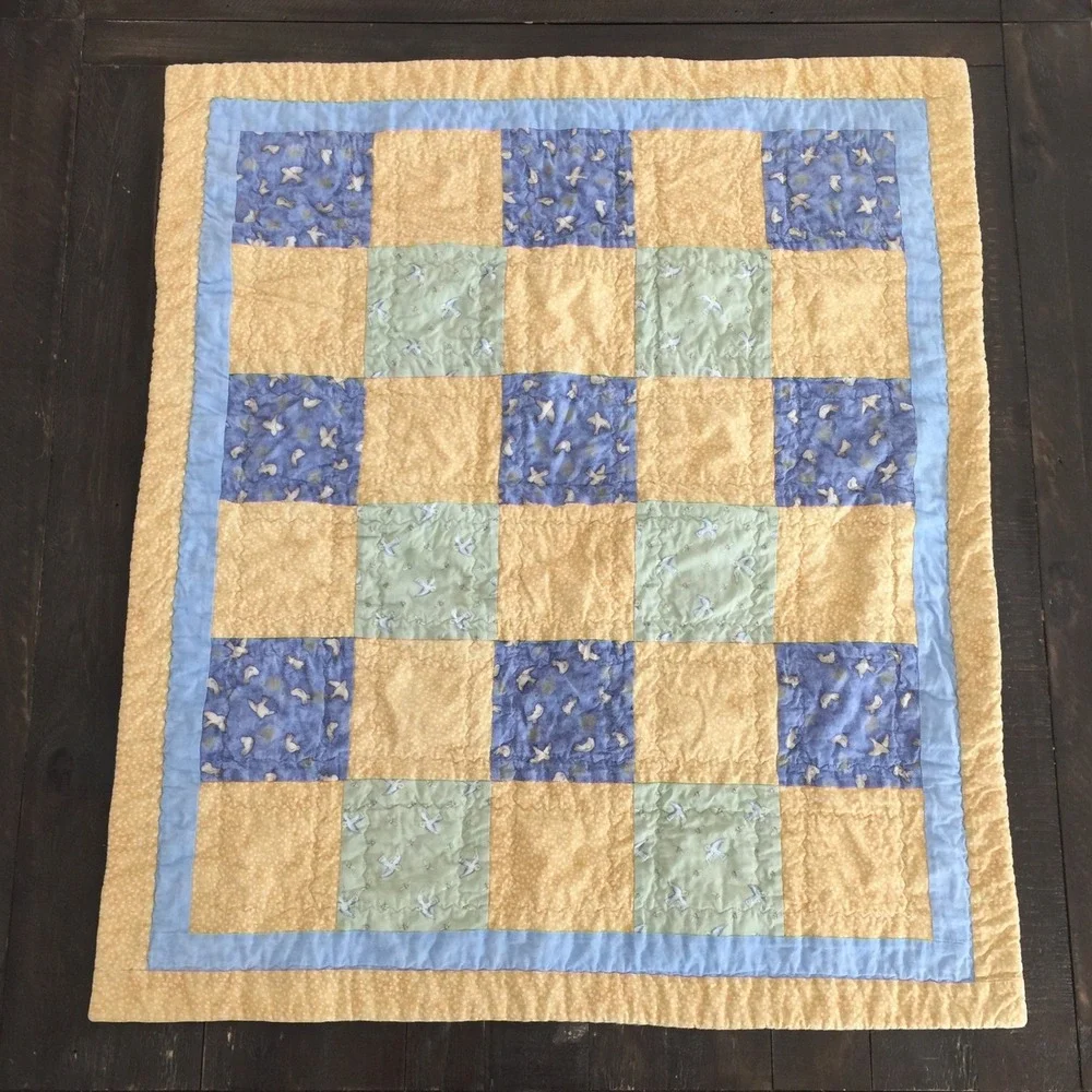 Handmade Patchwork Quilt 35x30 In Yellow Blue‎ Baby Blanket Birds Cotton